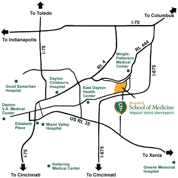 map showing the boonshoft school of medicine and routes to toledo, columbus, cincinnati, and xenia